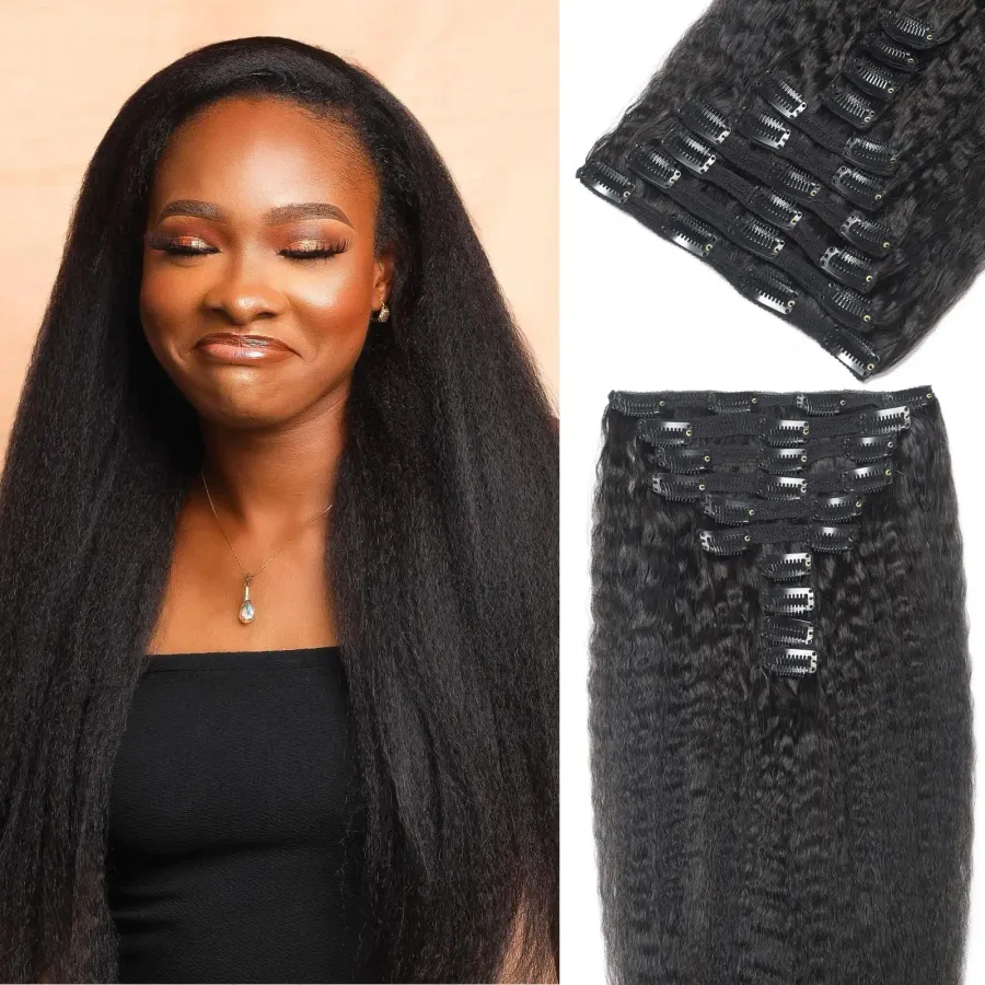 Kinky Straight Clip Ins 16Inch Natural Black Color #1B Clip