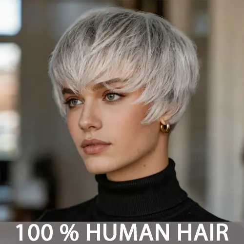 Pixie Cut Human Hair Wig Short Grey Layered Pixie Cut Curly