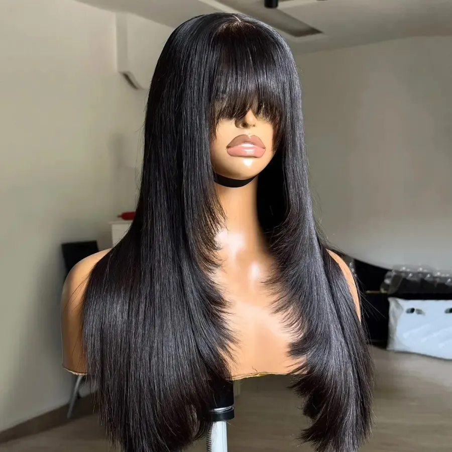 Black Layered Cut Lace Front Wig With Bangs Straight Lace