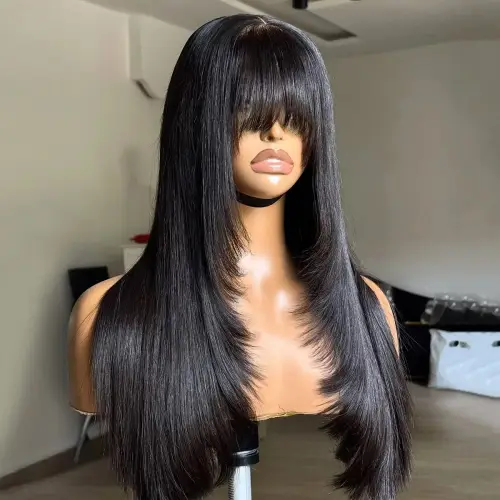 Black Layered Cut Lace Front Wig With Bangs Straight Lace