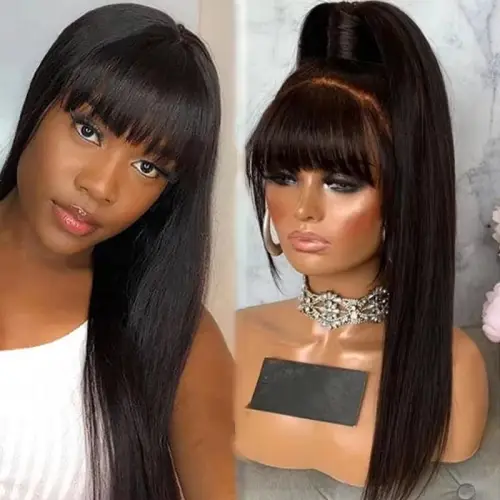 Long Straight Wigs With Bangs Human Hair Fringe 360 Full Lace