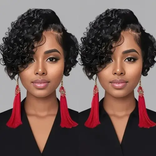 Short Bob Wig Pixie Cut Curly Human Hair Wig Black Color