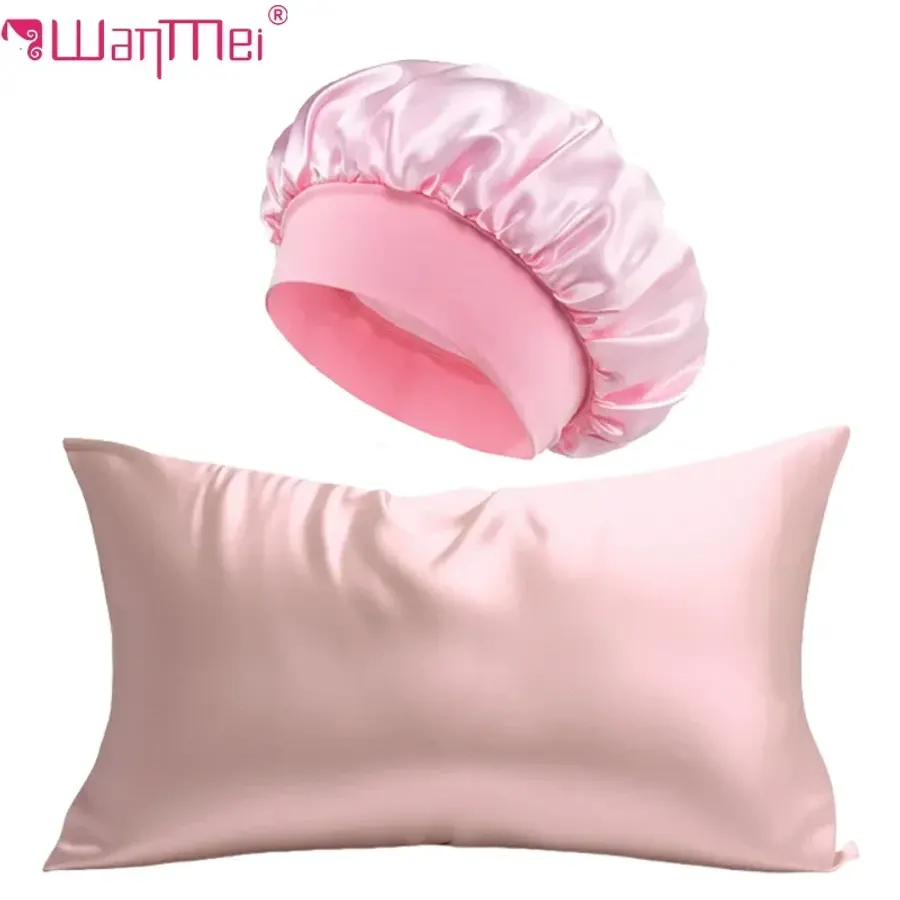 2PCs Silk Pillowcase & Satin Bonnet Set Silk Hair Skin Care