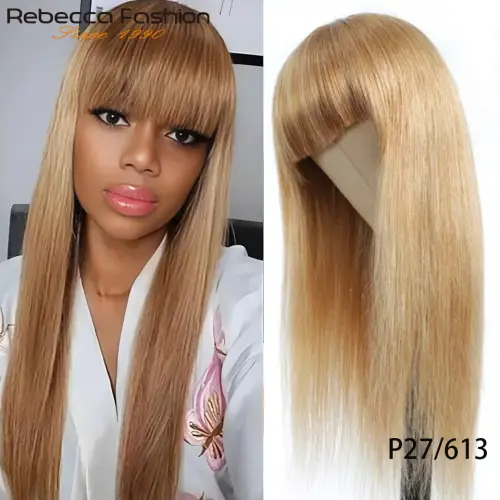 Honey Blonde Color#27/613 Straight Human Hair Wig With Bangs