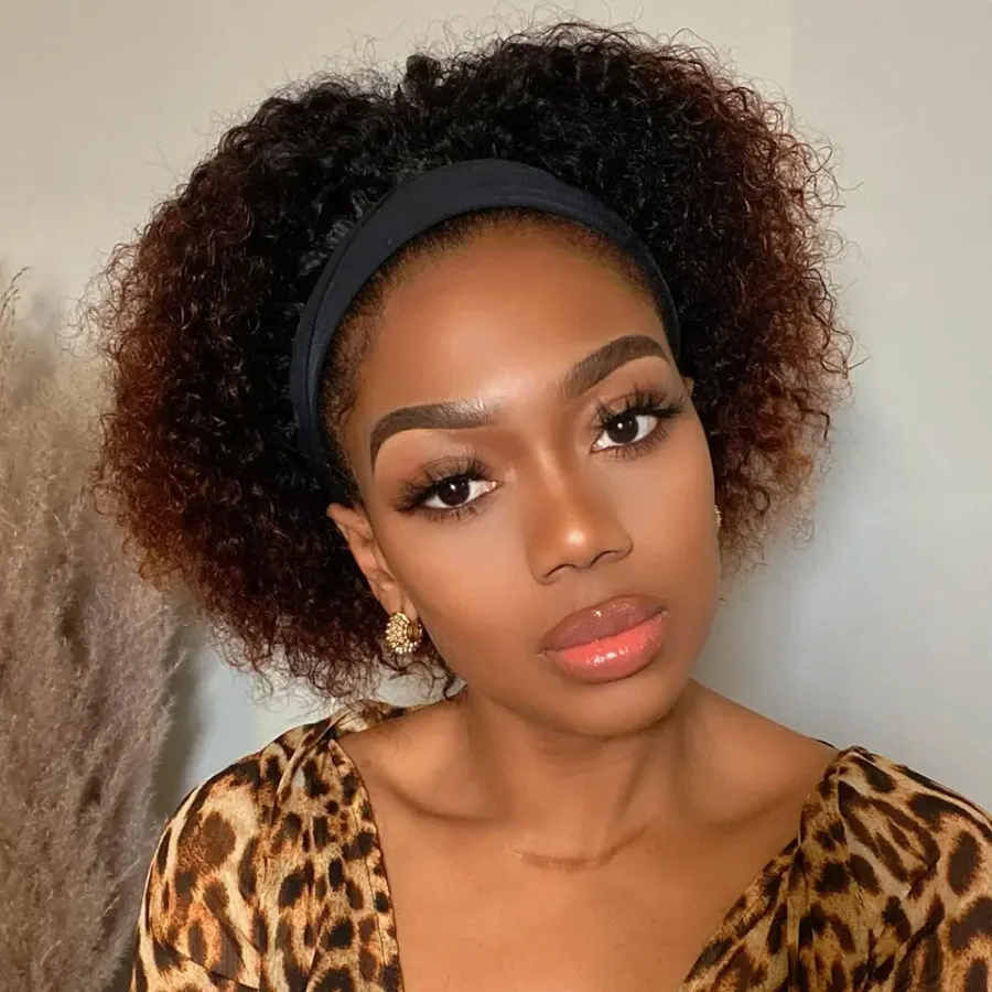 Headband Wig Human Hair Curly Wigs Brown Wear And Go Headband