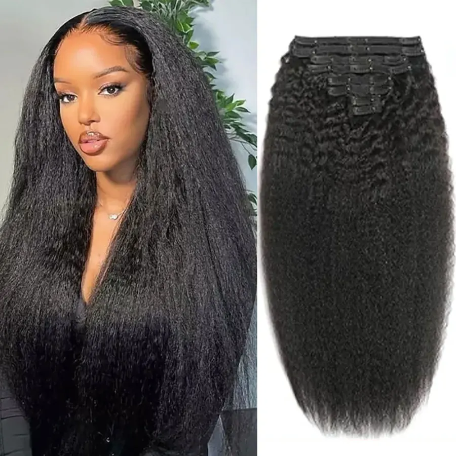 Kinky Straight Clips In Human Hair Extensions Natural Color