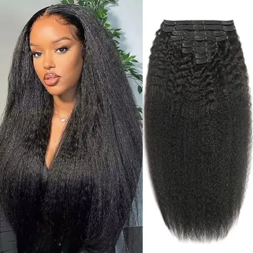 Kinky Straight Clips In Human Hair Extensions Natural Color