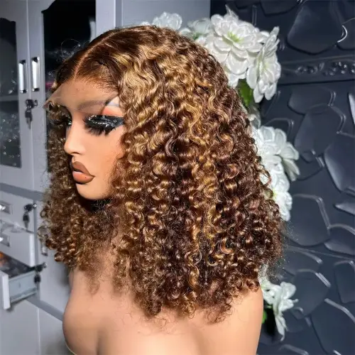 Ombre Highlight Curly 4/27 Color Short Bob Wigs 13x4 Lace