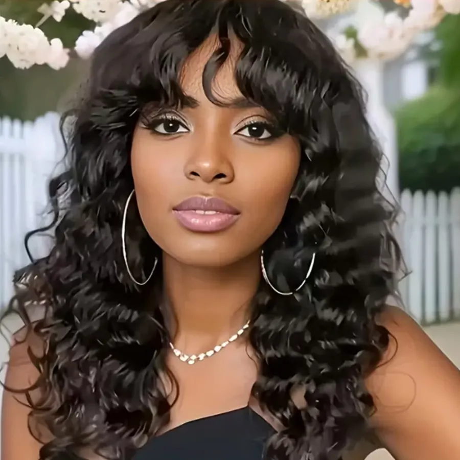 Kinky Curly Human Hair Wigs With Bangs Full Machine Made