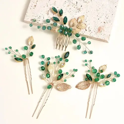 Green Color Rhinestone Bridal Hair Comb Hairpins Crystal