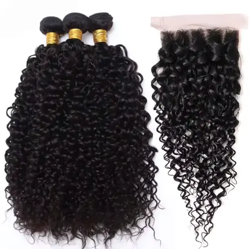 Kinky Curly Human Hair 3 Bundles With 4x4 Lace Closure