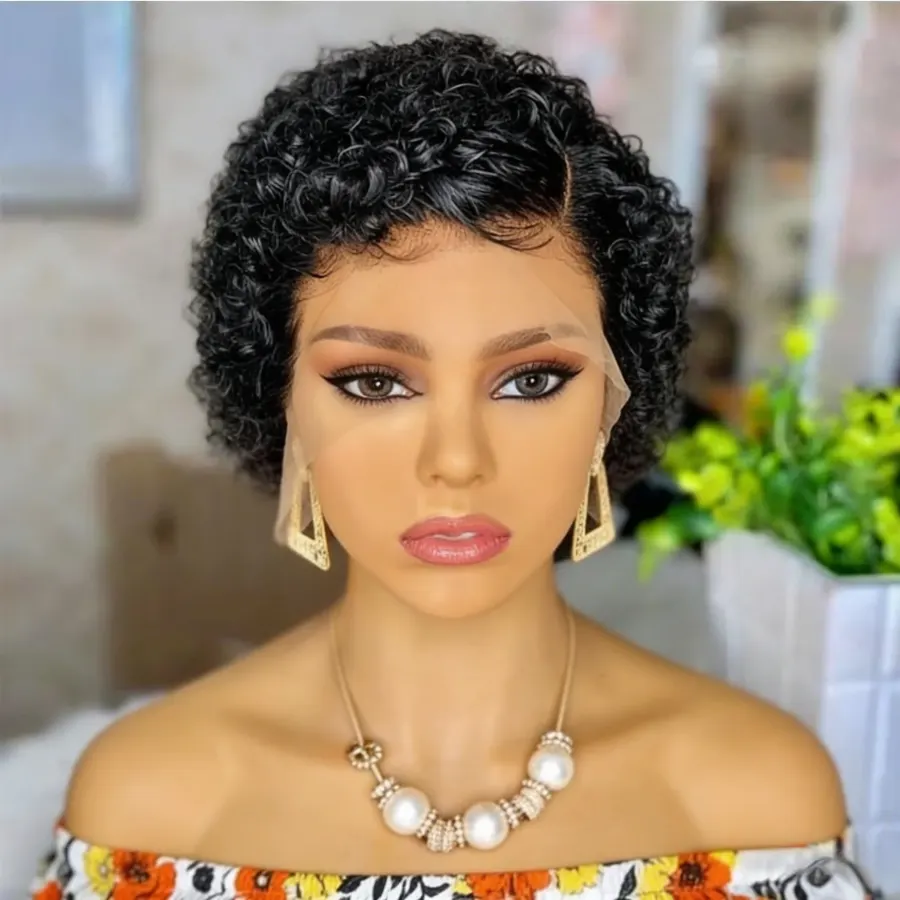 Short Curly Bob Human Hair Wig T Part Pixie Cut 13x4x1 Lace