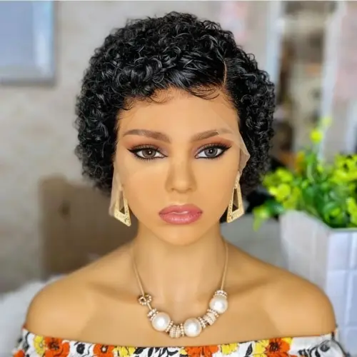 Short Curly Bob Human Hair Wig T Part Pixie Cut 13x4x1 Lace