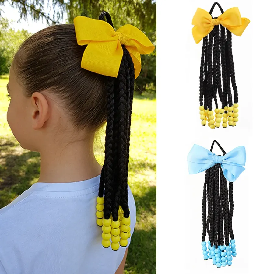 Kids Braided Ponytails Hair Extensions With Beads and Bow