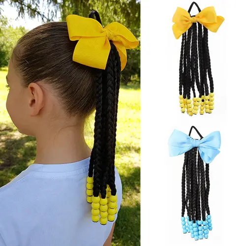 Kids Braided Ponytails Hair Extensions With Beads and Bow