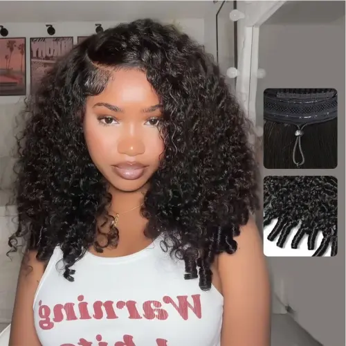 250 Drawstring V U Part Wig Mongolian Burmese Curly Virgin