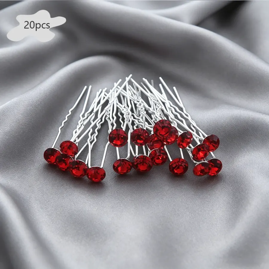 20Pcs Fashion Red Rhinestone Hair Pins Set Silver-Tone