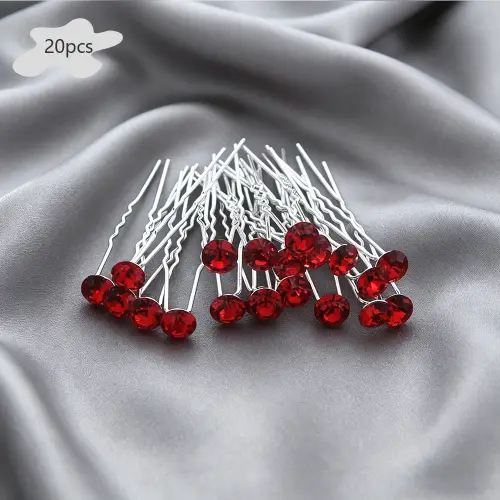 20Pcs Fashion Red Rhinestone Hair Pins Set Silver-Tone