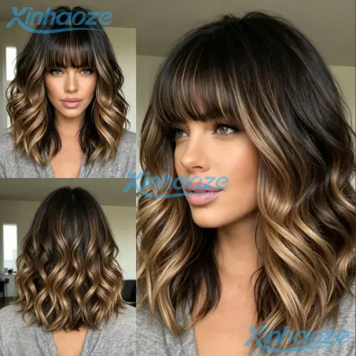 Fringe Human Hair Short Bob Wavy Glueless Brown Blonde