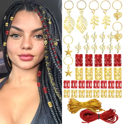 Bohemian Red & Gold Hair Jewelry Set - 68pcs Dreadlock