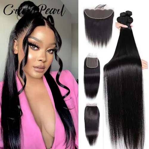 Human Hair Bundles with Frontal Straight Weave Human Hair
