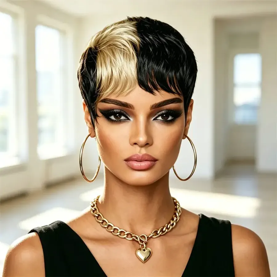 Pixie Cut Short Human Hair Wig Half Black Half Blonde Style
