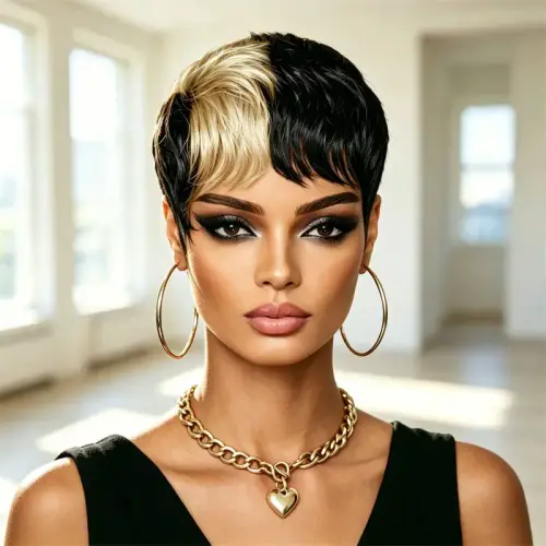 Pixie Cut Short Human Hair Wig Half Black Half Blonde Style