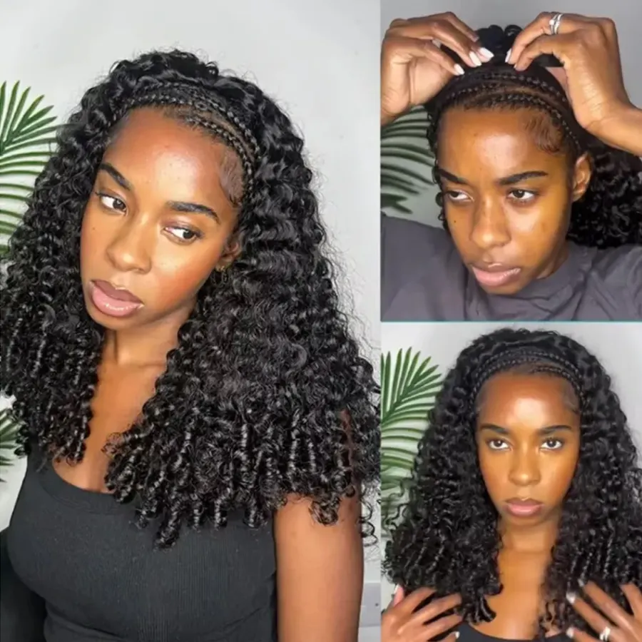 Glueless Human Hair Wigs Burmese Curly Headband Upgrade 3 IN