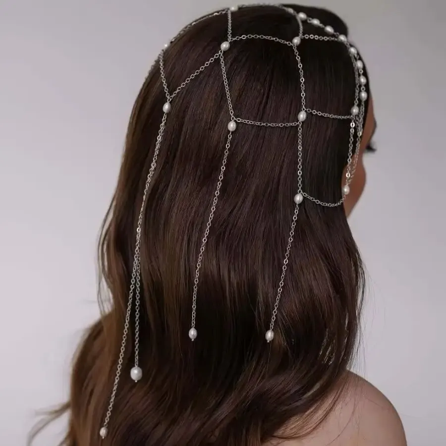 Beaded Pearl Hair Vine Headpiece Net Hair Jewelry Long Tassel