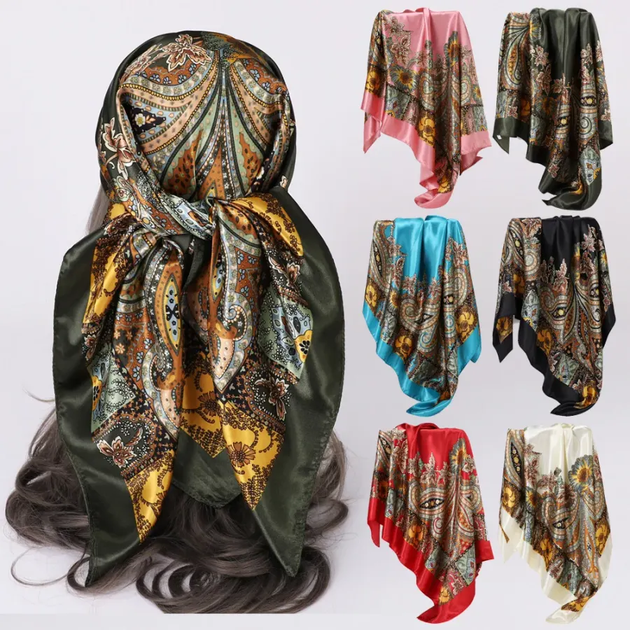 90cm Square Head Scarf Women Paisley Bandana Satin Hijab