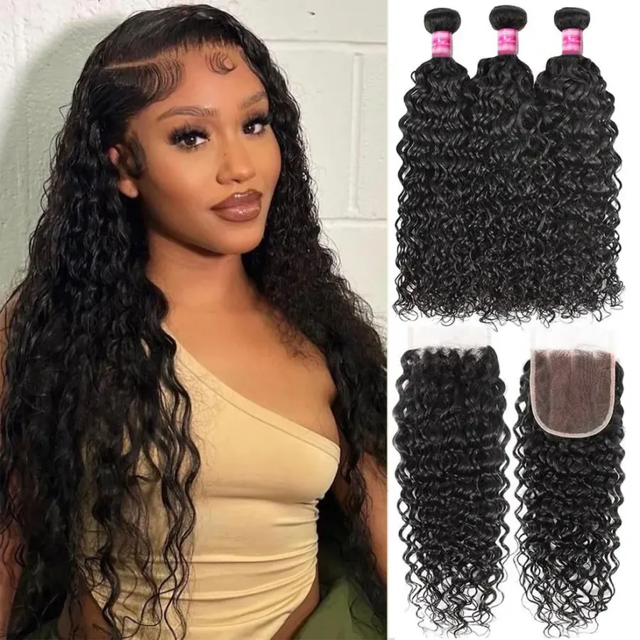 3 Bundles With Closure Brazilian Water Wave Human Hair Weave