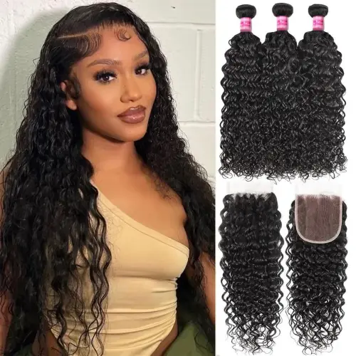 3 Bundles With Closure Brazilian Water Wave Human Hair Weave