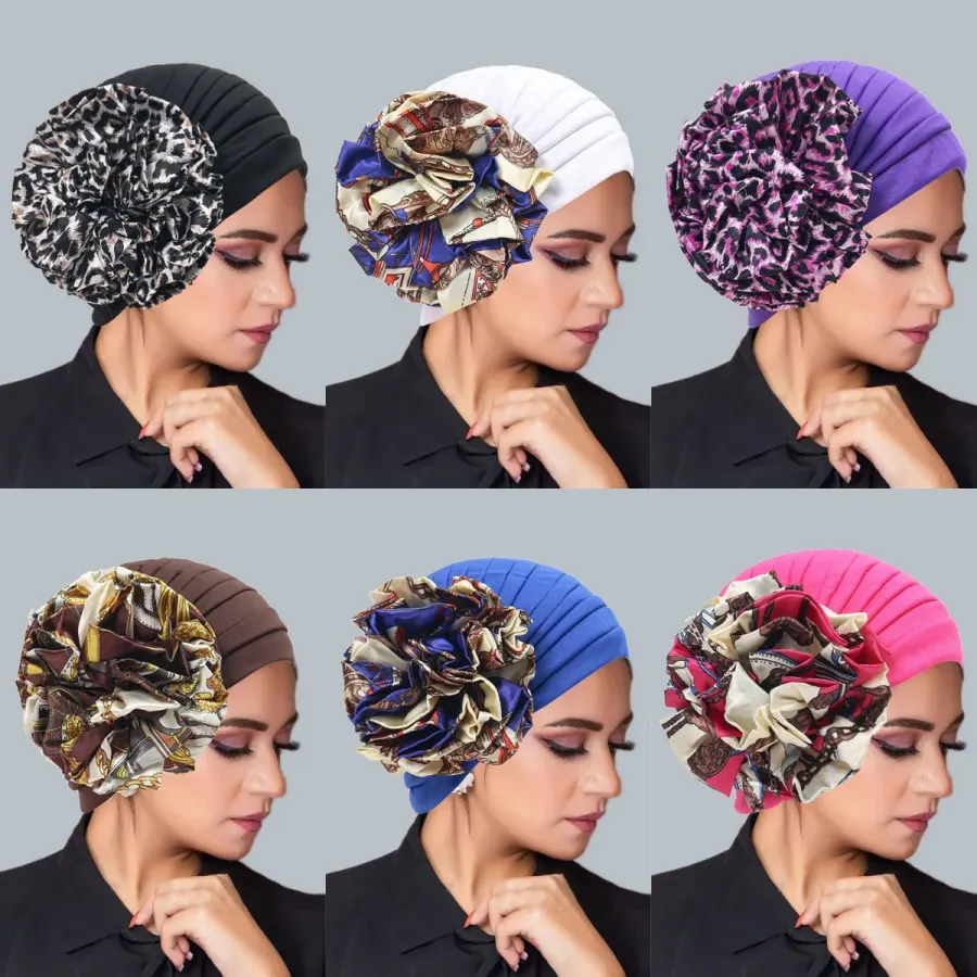 Fashion Satin Flower Women's Turban Caps Muslim HeadScarf Hat