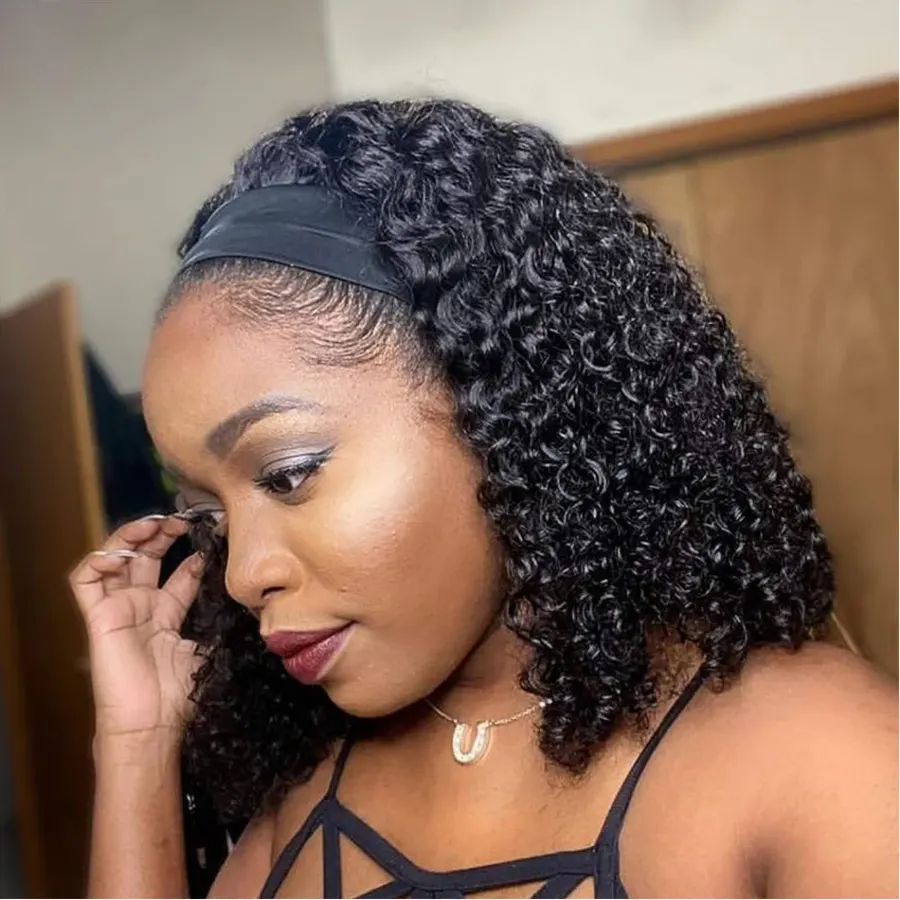 Headband Wig 100% Human Hair Bob Kinky Curly 250 Density