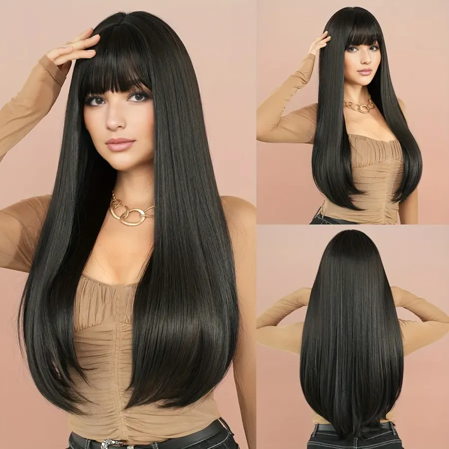 Silky Long Straight Synthetic Wig With Bangs Natural Black