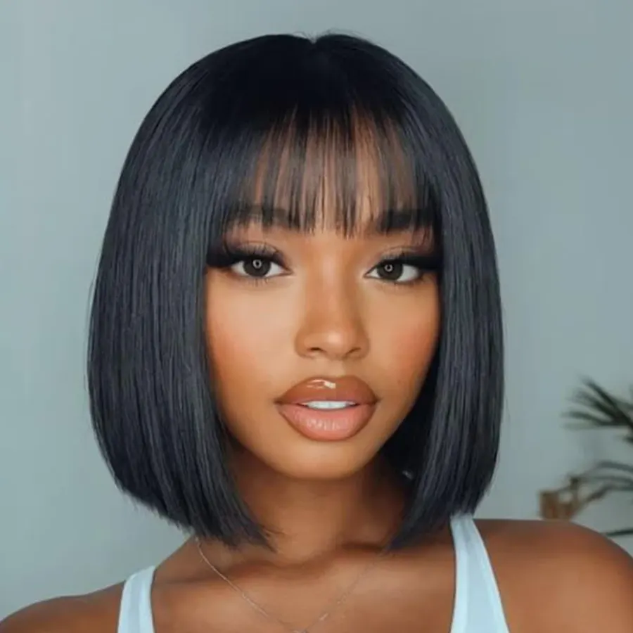 Straight Human Hair Wigs With Bangs Fringe Middle Part Short