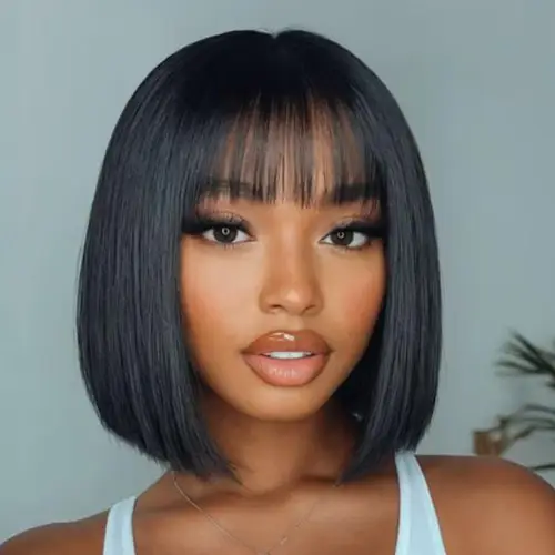 Straight Human Hair Wigs With Bangs Fringe Middle Part Short