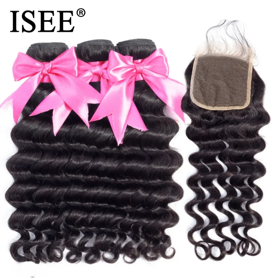 ISEE HAIR Brazilian Loose Deep Bundles With Closure 100% Remy