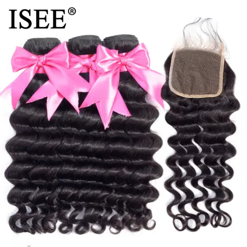 ISEE HAIR Brazilian Loose Deep Bundles With Closure 100% Remy