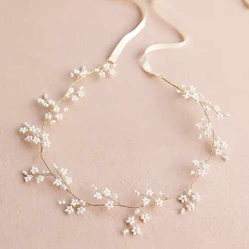 Handmade Pearls Gold Color Wedding Hair Vine Headband Bridal