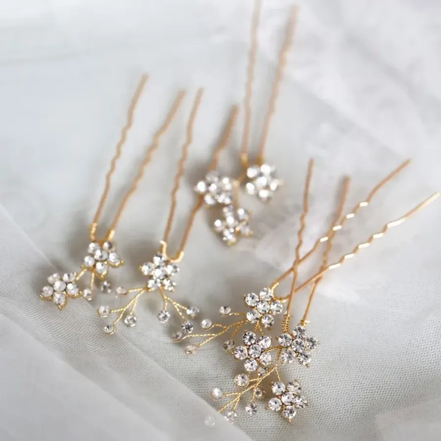 Jonnafe Shine Rhinestone Floral Wedding Hair Pins Set Gold