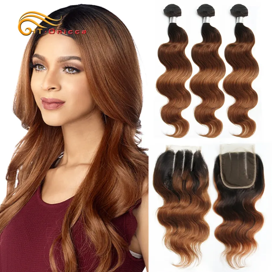 Ombre Brazilian Body Wave Bundles With Closure 70g/pc Human